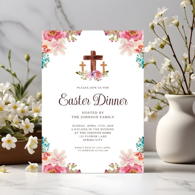 Invitación Elegante cena de Pascua de la Cruz Floral (Elegant Floral Cross Easter Dinner Invitation)