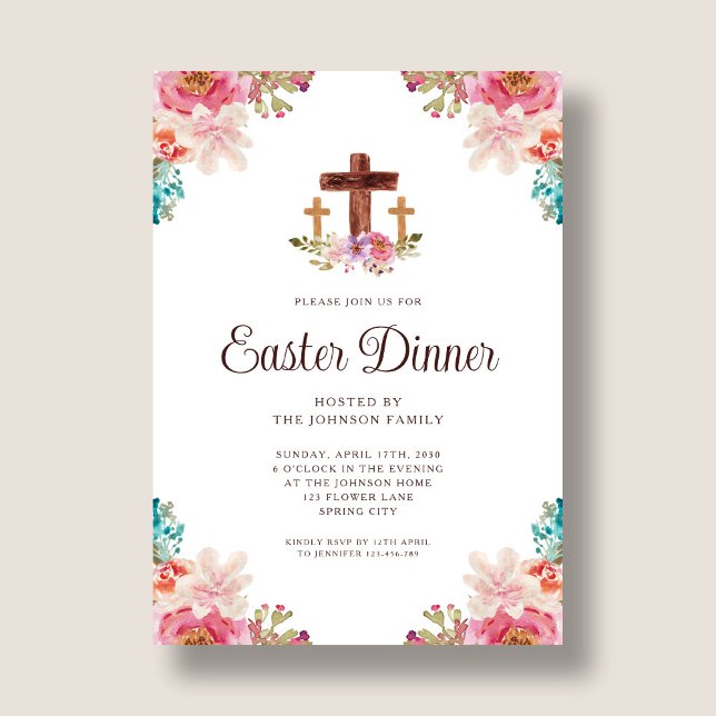 Invitación Elegante cena de Pascua de la Cruz Floral (Elegant Floral Cross Easter Dinner Invitation)