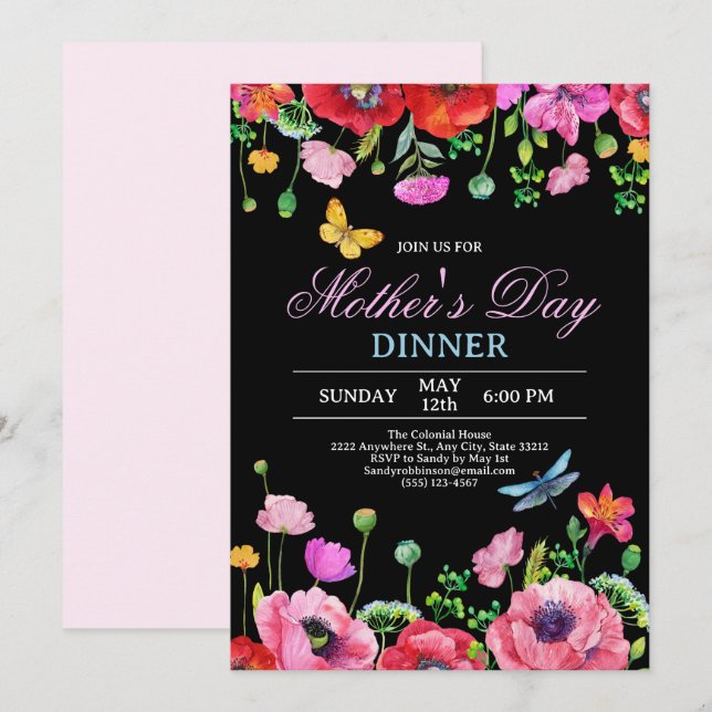 Invitación Elegante cena del Día de la Madre en la Moda negra (Anverso / Reverso)