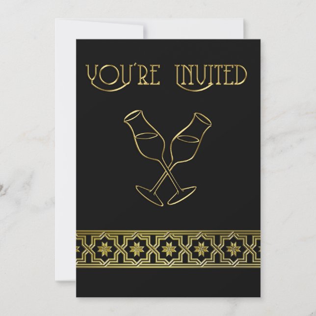 Invitación Elegante cena Fiesta Vidrio de Oro Negro (Anverso)