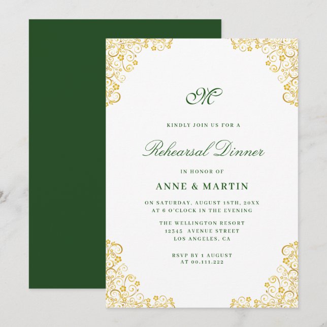 Invitación Elegante cena floral de oro (Anverso / Reverso)