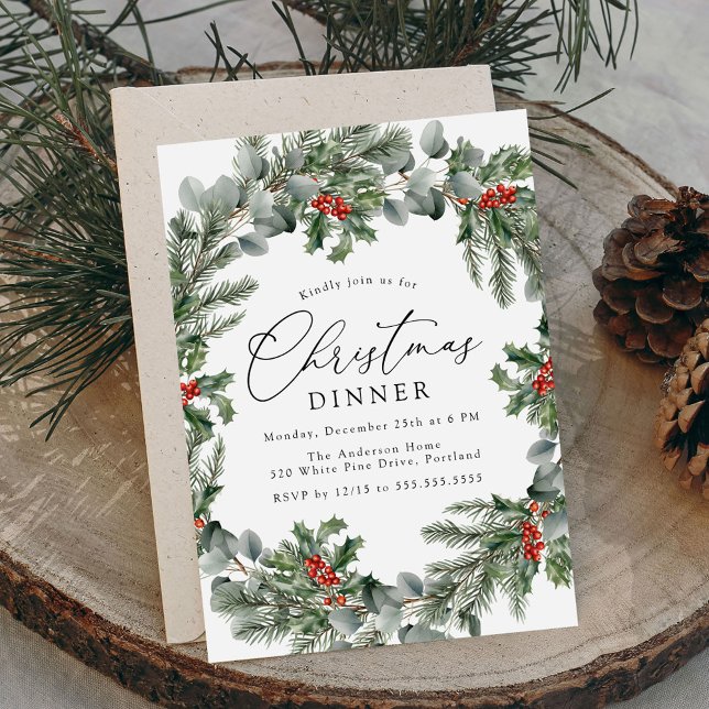 Invitación Elegante cena Holly Berries y Navidades de pino (Subido por el creador)