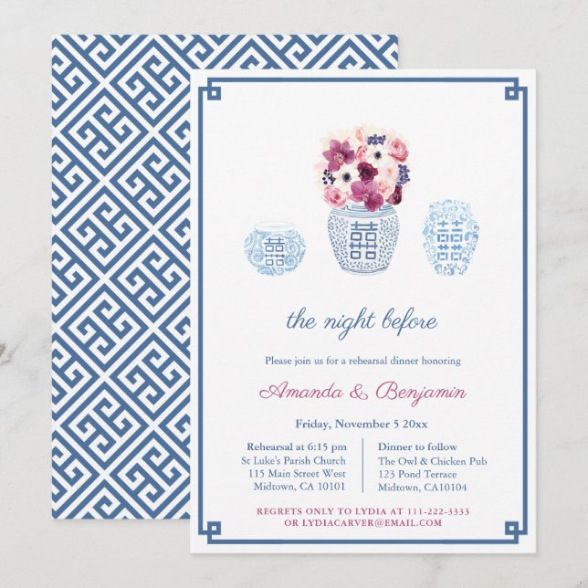 Invitación Elegante cena magenta de flores blancas (Anverso / Reverso)