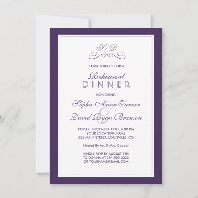 Invitación Elegante cena REHEARSAL de borde morado y blanco (Anverso)