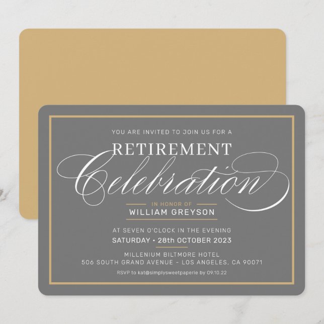 Invitación ELEGANTE CENA RETIREMENT CENNER oro blanco gris mo (Anverso / Reverso)