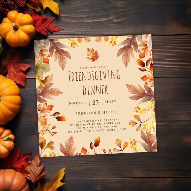 Invitación Elegante cena rústica de Día de Acción de Gracias (Elegant Cute Friendsgiving Dinner Invitation)