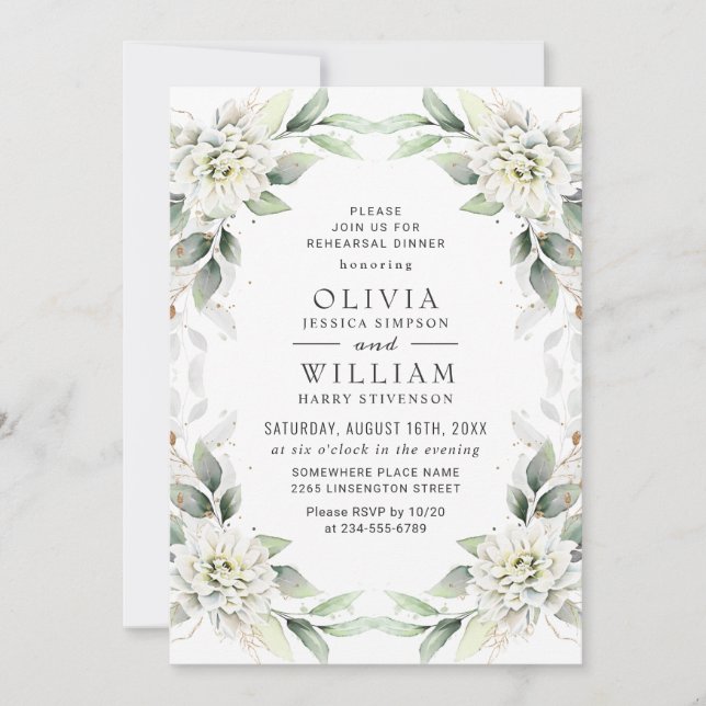 Invitación Elegante cena verde dorada REHEARSAL (Anverso)