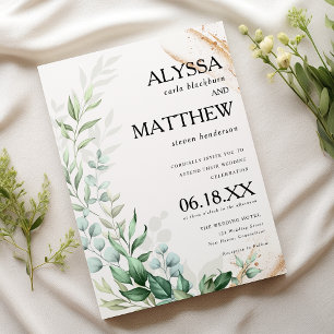 Invitación Elegante cepillo de oro blanco verde hojas boda