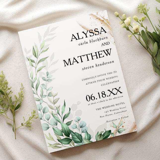 Invitación Elegante cepillo de oro blanco verde hojas boda (Elegant white gold brush greenery leaves wedding)