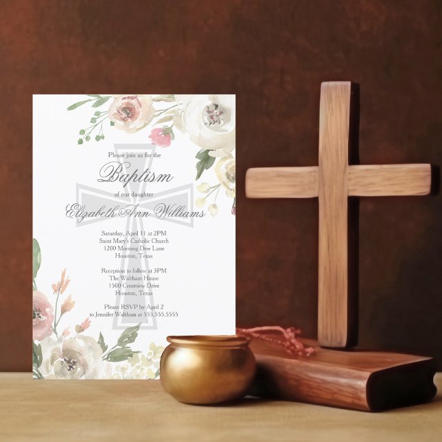 Invitación Elegante Ceremonia de Bautismo Religioso Floral Ro (Subido por el creador)