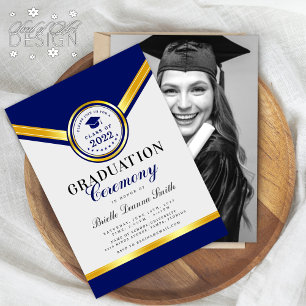Invitación Elegante ceremonia de graduación de oro azul