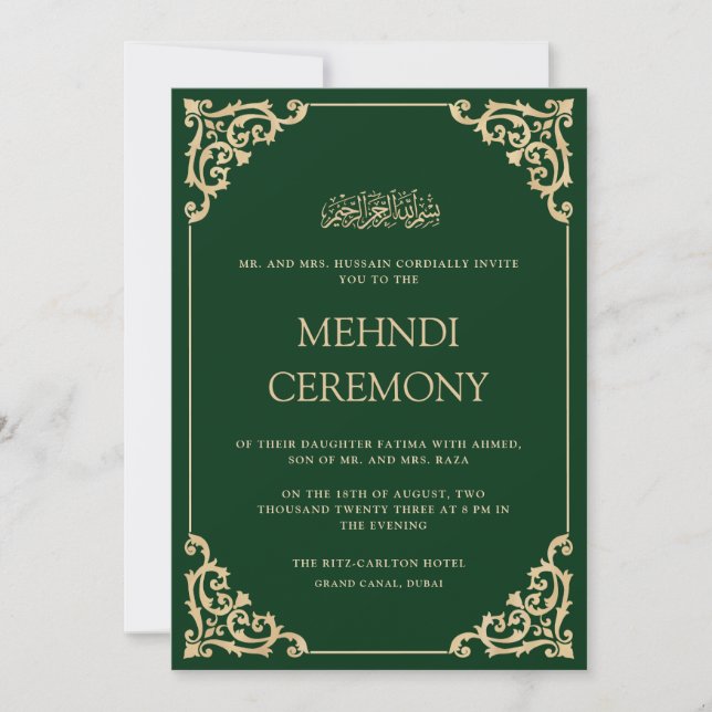 Invitación Elegante Ceremonia de Mehndi de Henna Verde Orname (Anverso)