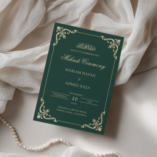 Invitación Elegante ceremonia de Mehndi verde esmeralda antig