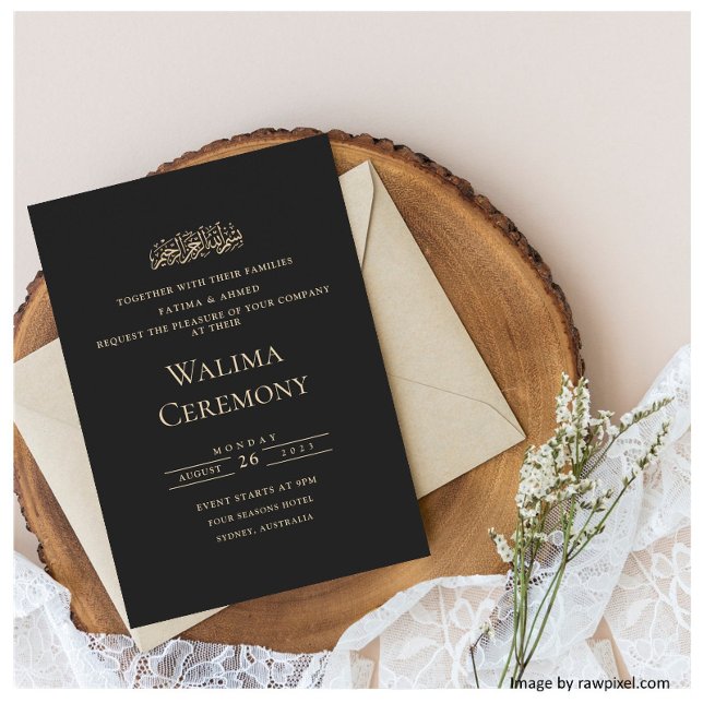 Invitación Elegante Ceremonia de Walima Musulmana en Oro Negr (Subido por el creador)