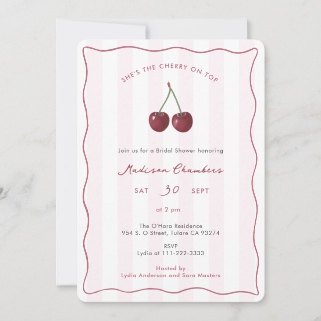 Invitación Elegante cereza en la ducha de novia de dos caras (Anverso)