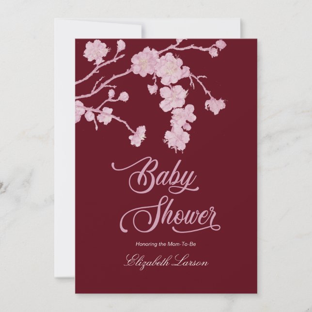 Invitación Elegante cerezo florece Baby Shower Borgoña (Anverso)