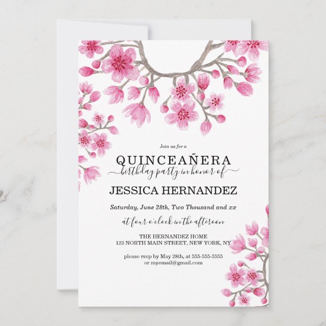 Invitación Elegante cerezo japonés floral quinceañera (Anverso)