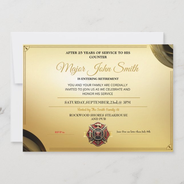 Invitación Elegante certificado de oro de retiro de bombero (Anverso)
