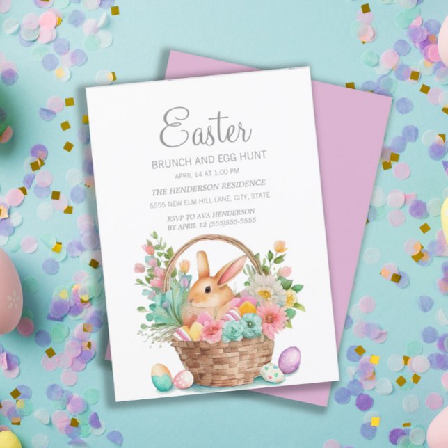 Invitación Elegante cesta de pascua Bunny Brunch Egg Hunt (Easter bunny in basket Easter greeting card.)