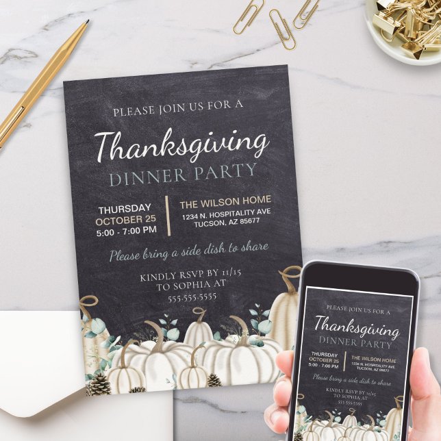 Invitación Elegante Chalkboard Cena de Acción de Gracias de o (elegant white pumpkin themed thanksgiving fall autumn dinner party or event invitation with greenery)
