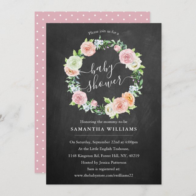 Invitación Elegante Chalkboard Floral Wreath Baby Shower (Anverso / Reverso)