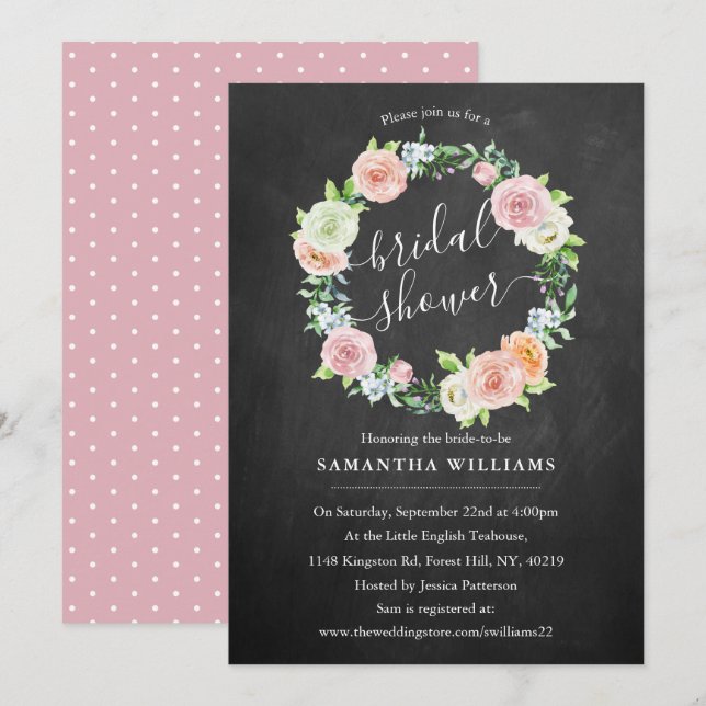 Invitación Elegante Chalkboard Floral Wreath Bridal Shower (Anverso / Reverso)