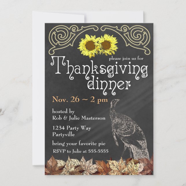 Invitación Elegante Chalkboard Turquía Sunflowers Thankding (Anverso)