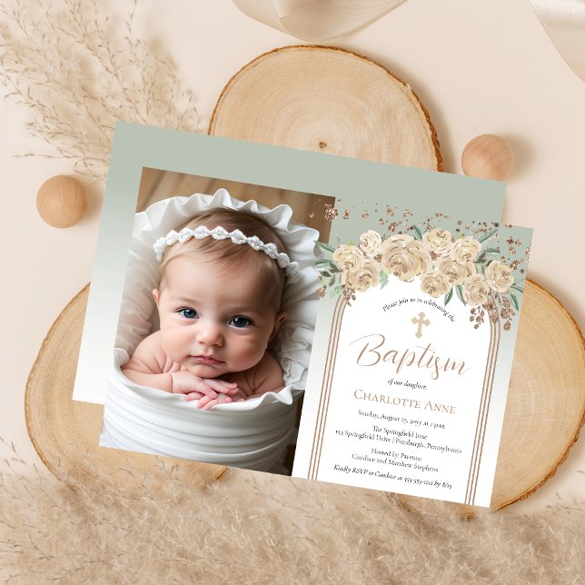 Invitación Elegante champagne | Baptismo de la foto floral sa (Elegant Champagne Roses and Sage Floral Photo Baptism Invitation)