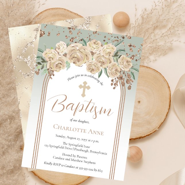 Invitación Elegante champagne | Bautismo Floral Sage (Elegant Champagne Roses and Sage Floral Baptism Invitation)