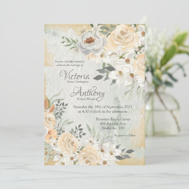 Invitación Elegante Champagne Boda de escritura floral de mar (Anverso de pie)