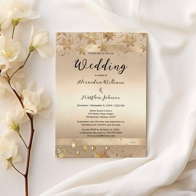 Invitación Elegante Champagne Boda Golden Snowflakes de lujo (Elegant Champagne Golden Snowflakes Luxury Wedding )