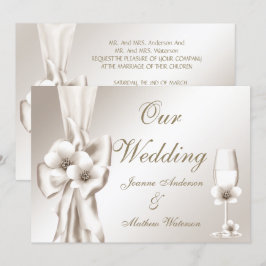 Invitación Elegante Champagne de Boda Floral Crema Lazo