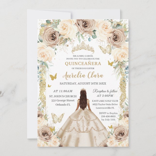 Invitación Elegante Champagne Floral Vintage Gold Quinceañera (Anverso)