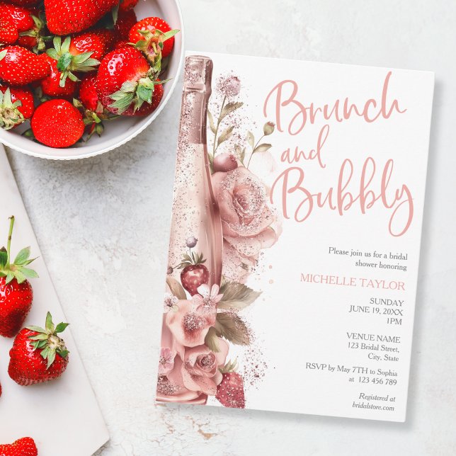Invitación Elegante Champagne Fresa Boho Rubor Pink (champagne and strawberries, blush pink watercolor)