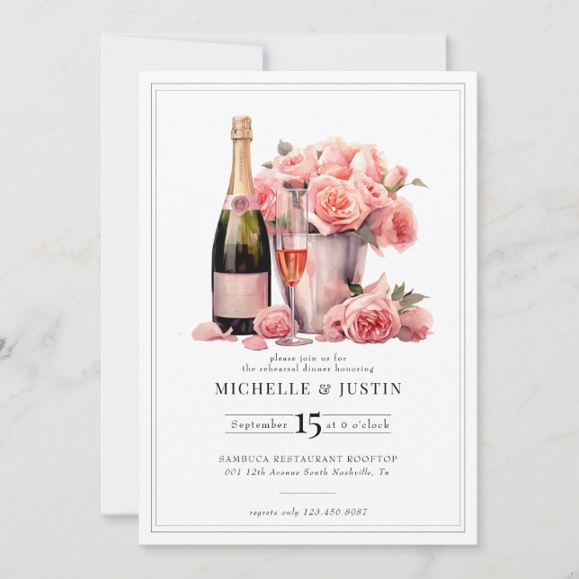 Invitación Elegante champagne | Rosas de moda | Ensayo (Anverso)