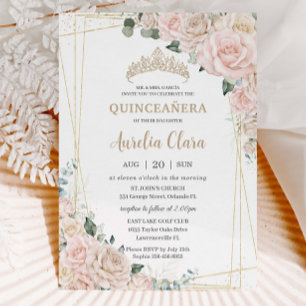 Invitación Elegante Champagne Rubor Floral Quinceañera