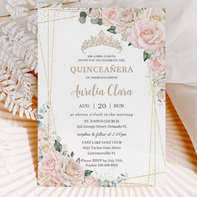 Invitación Elegante Champagne Rubor Floral Quinceañera (Subido por el creador)