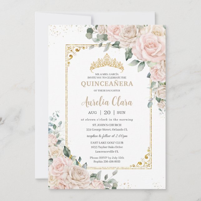 Invitación Elegante Champagne Rubor Floral Quinceañera (Anverso)