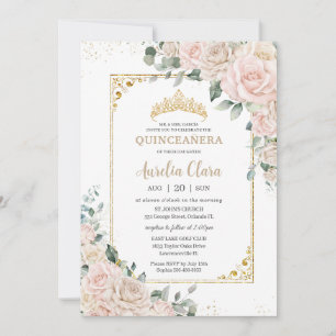 Invitación Elegante Champagne Rubor Floral Quinceañera