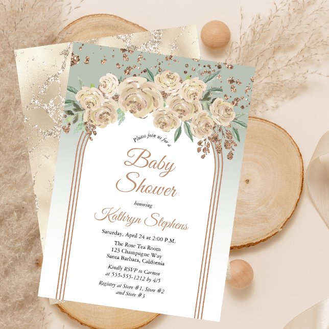 Invitación Elegante champagne | Sage Floral Baby Shower (Elegant Champagne Roses and Sage Green Floral with Faux Rose Gold Glitter Baby Shower Invitation)