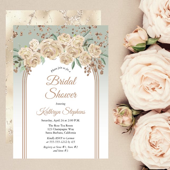 Invitación Elegante champagne | Sage Floral Bridal Shower (Champagne Roses and Sage Green Floral Bridal Shower Invitation with Faux Rose Gold Glitter Accents)