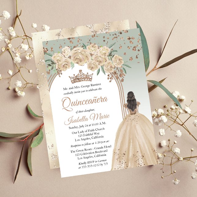 Invitación Elegante champagne | Sage Floral Quinceañera Fiest (Elegant Champagne Color and Sage Green with Faux Rose Gold Glitter Brunette Quinceañera Invitation)