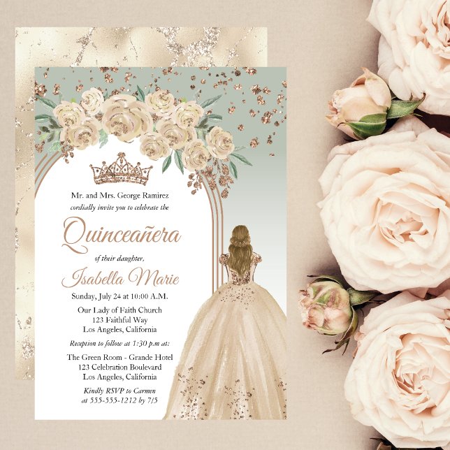 Invitación Elegante champagne | Sage Floral Quinceañera Fiest (Elegant Champagne Color and Sage Green Faux Rose Gold Glitter Golden-Hair Quinceañera Invitation)