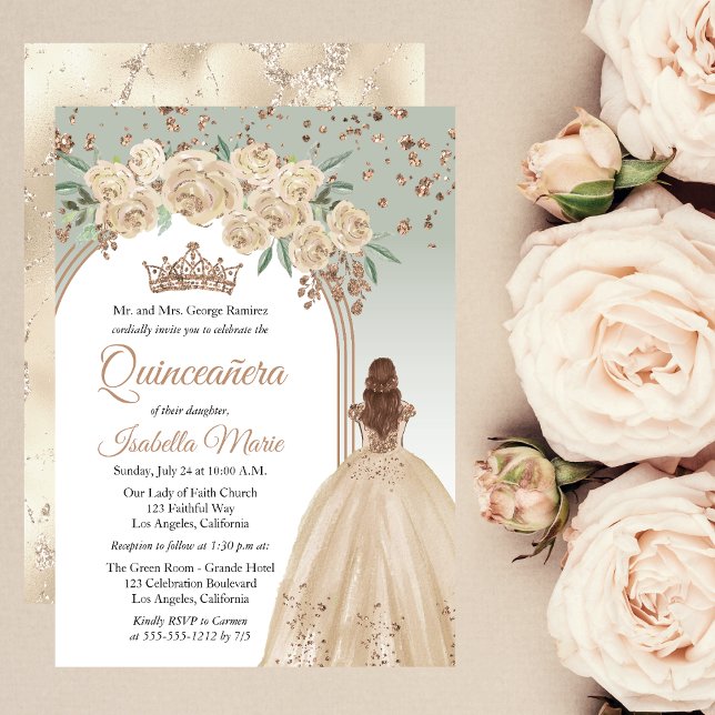 Invitación Elegante champagne | Sage Floral Quinceañera Fiest (Elegant Champagne Color and Sage Green with Faux Rose Gold Glitter Auburn Quinceañera Invitation)
