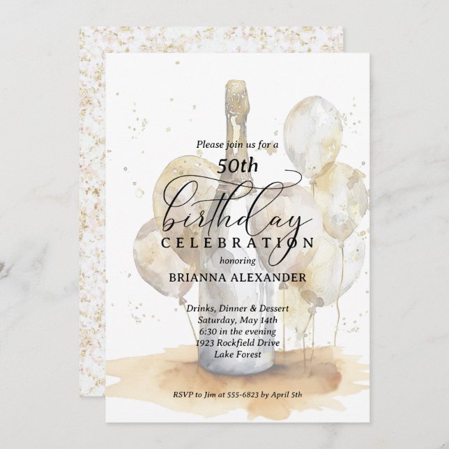 Invitación Elegante Champagne y Globos Cumpleaños (Anverso / Reverso)