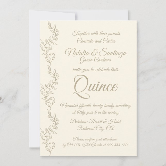 Invitación Elegante Champán Chica gemelo Fiesta de Quince (Anverso)