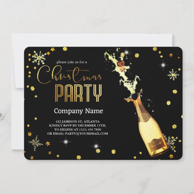 Invitación Elegante Champán de Lujo de Navidad Negro (Anverso)