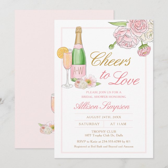 Invitación Elegante Champán Floral Ducha Bridal (Anverso / Reverso)