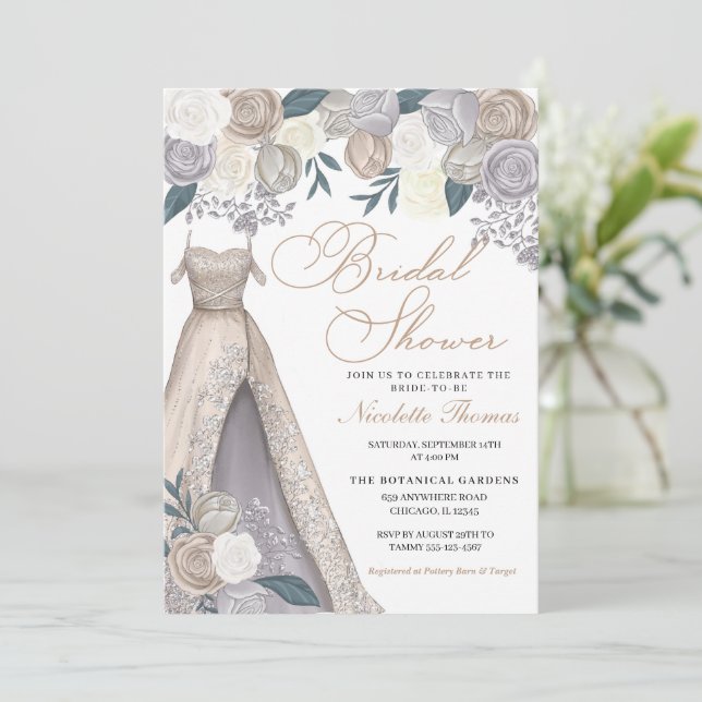Invitación Elegante Champán Plata Vestido de ducha de novia (Anverso de pie)