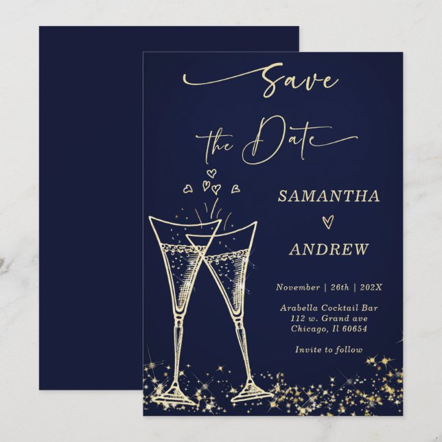 Invitación Elegante champán salve al Boda de citas (Anverso / Reverso)